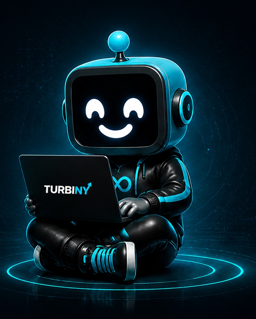 Turbiny mascote trabalhando no notebook